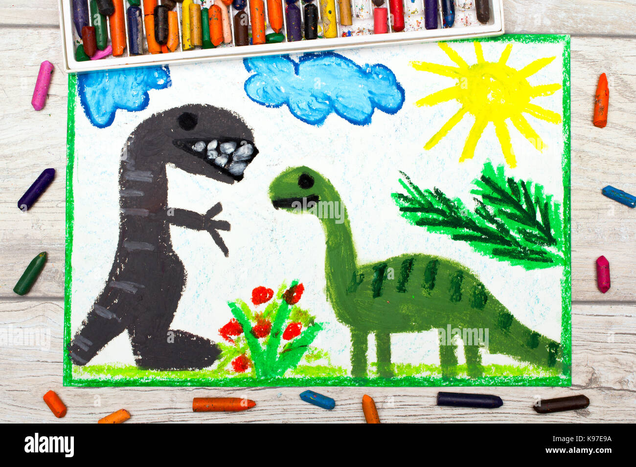 Foto Di Colorato Disegno Sorridente Dinosauri Grande Diplodocus E Tyrannosaurus Rex Foto Stock Alamy