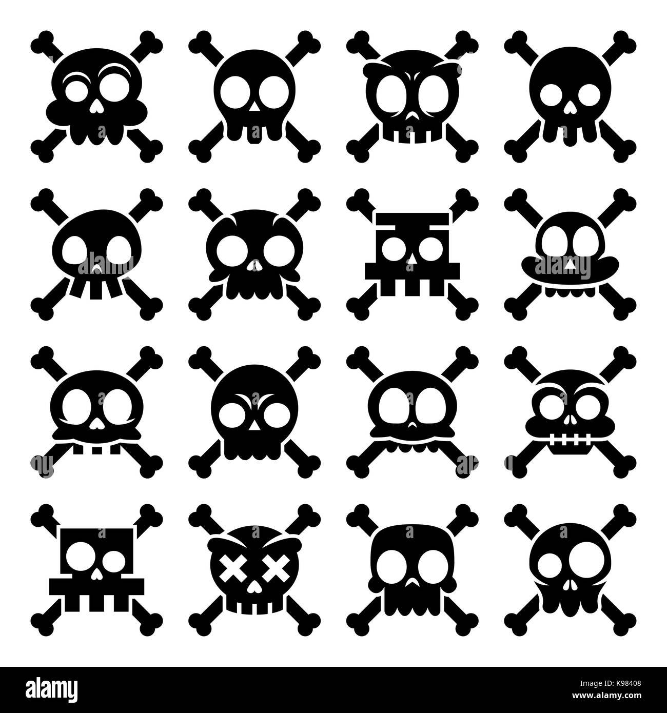 Vettore di halloween cartoon cranio con icone di ossa, messicano carino zucchero nero teschi set design, dia de los Muertos Illustrazione Vettoriale