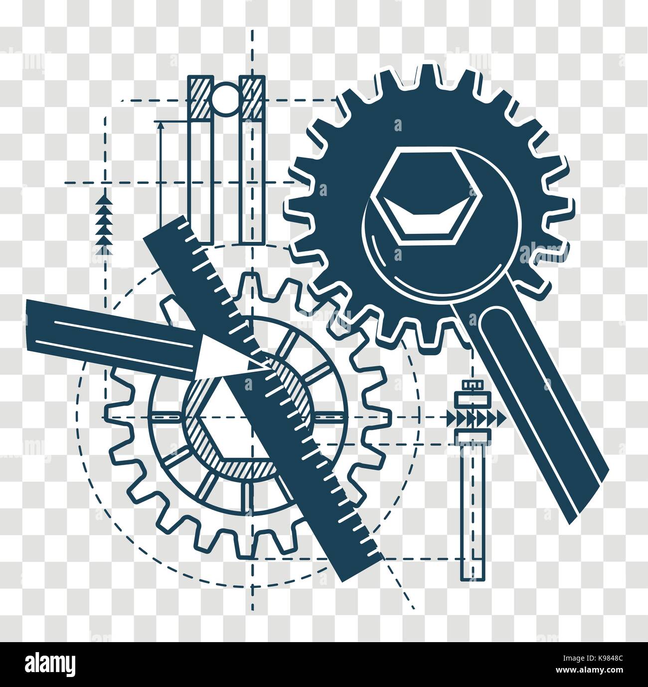 Concetto di modellazione, la creazione di un progetto iniziale e finale di stadi. icona , silhouette di ingegneri al lavoro . Illustrazione Vettoriale