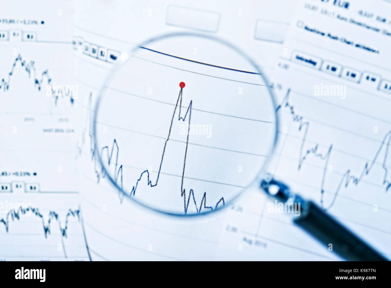 Magnifier focalizzato in un grafico con il prezzo lo sviluppo di una quota. Foto Stock
