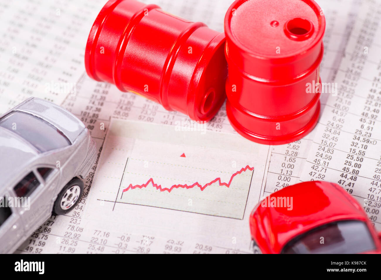 Diagramma con una curva ascendente circondato da auto e barili di olio. Foto Stock