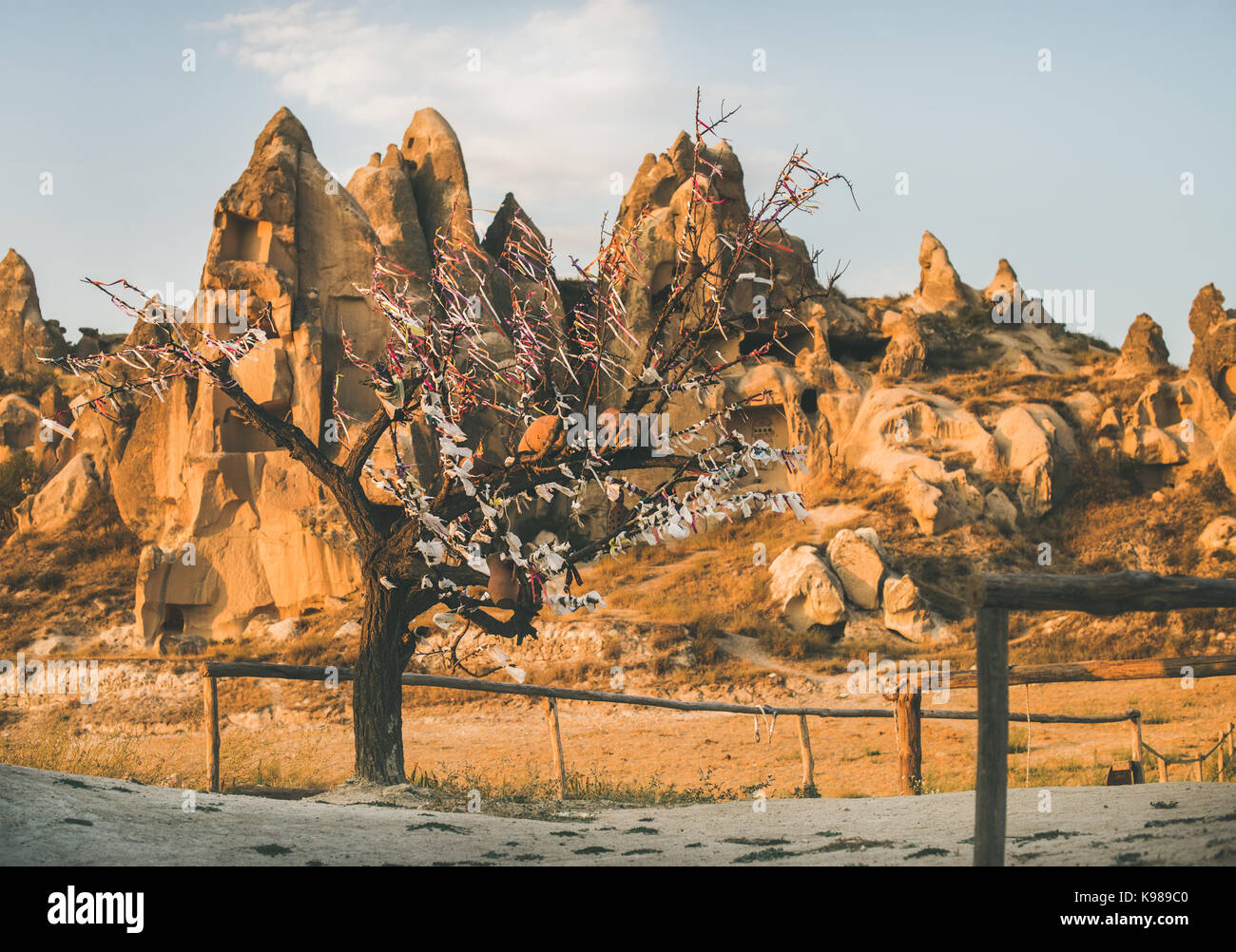Naturale di rocce vulcaniche e albero con desiderio nastri, Turchia Foto Stock