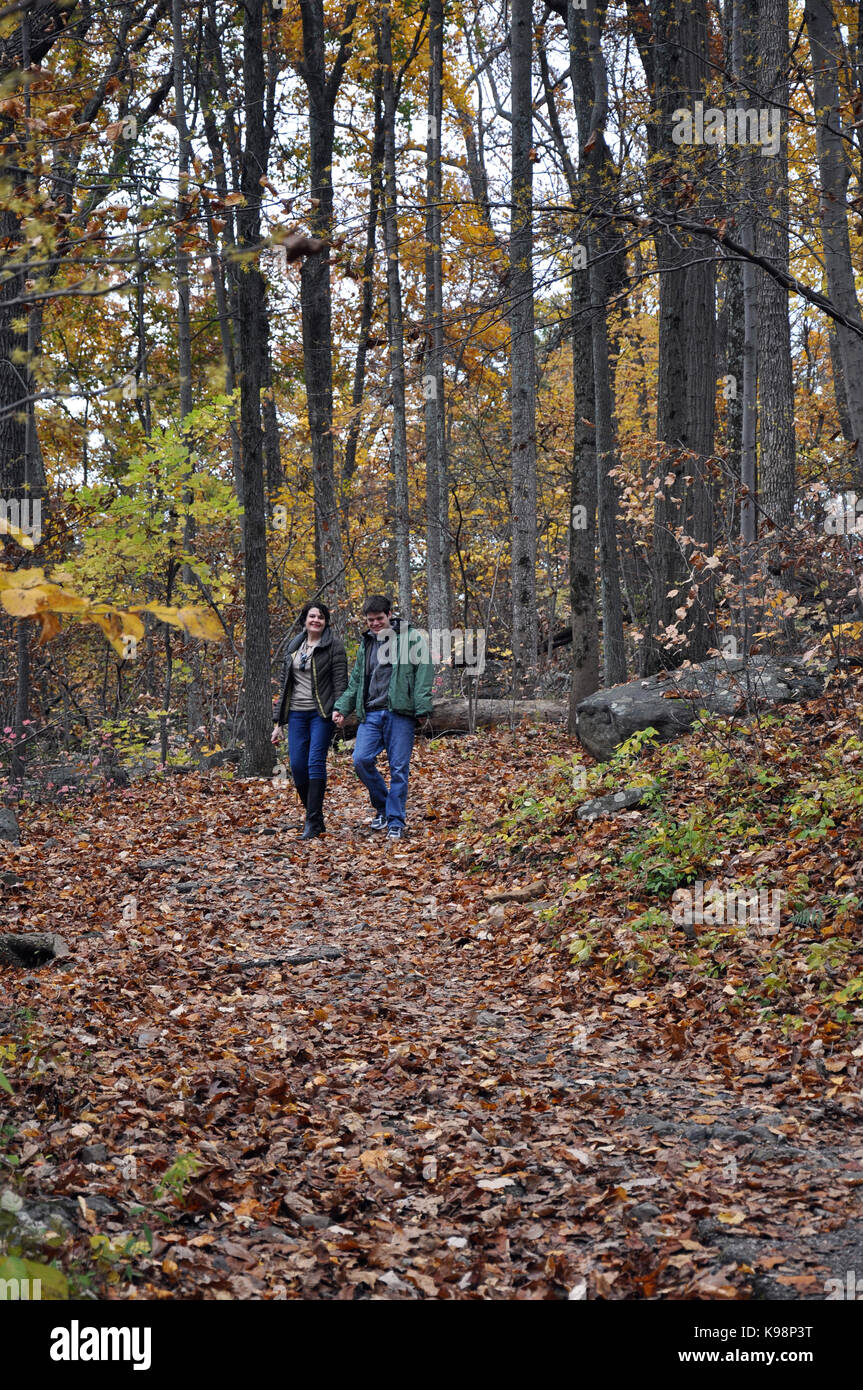 Gettysburg National Military Park, Pennsylvania, Stati Uniti d'America - 31 ottobre 2016 escursionismo il sentiero a big round top con foglie di autunno in background Foto Stock