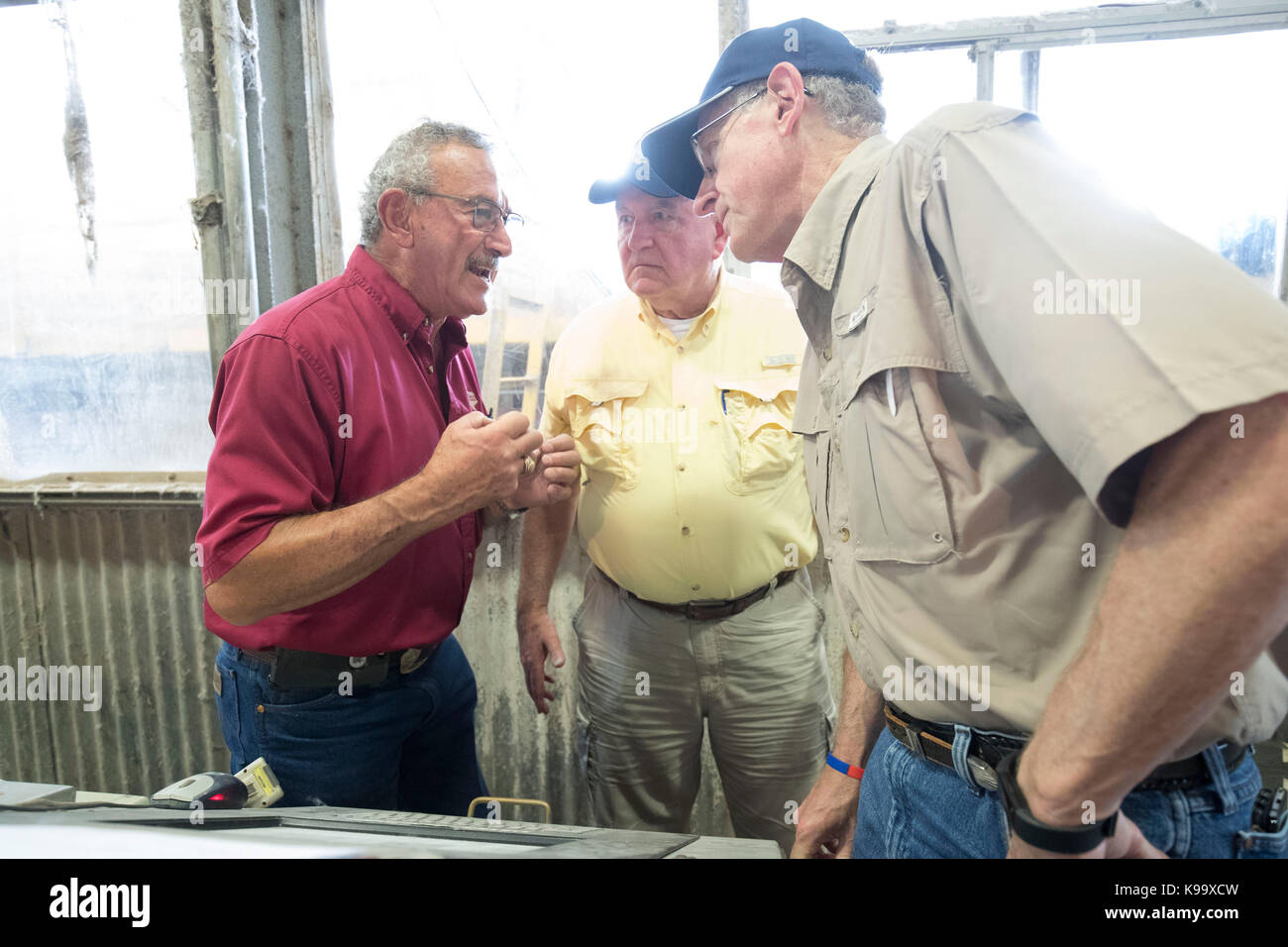 El campo, Stati Uniti. 21 Settembre 2017. Il Segretario dell'Agricoltura degli Stati Uniti Sonny Perdue (camicia gialla) e il Presidente dell'Agricoltura della Casa Mike Conaway (TAN) tour un gin di cotone dopo aver incontrato gli agricoltori le cui colture di cotone sono state devastate dall'uragano Harvey tre settimane fa. In camicia rossa è il compratore di cotone Johnny Ropolo. Credit: Bob Daemmrich/Alamy Live News Foto Stock