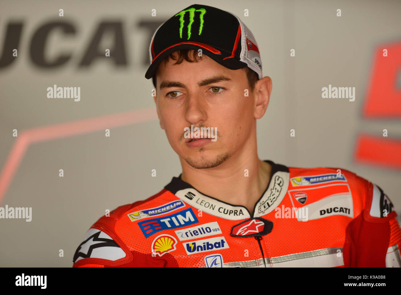 Alcaniz, Spagna. Il 22 settembre, 2017. #99 Jorge Lorenzo (spagnolo) Ducati team Ducati in libera pratica dell'Aragona Gran Premio di motociclismo, circuito di motorland, Alcaniz, Spagna. Venerdì, 22 settembre, 2017. Credito: gtres información más comuniación sulla linea, s.l./alamy live news Foto Stock