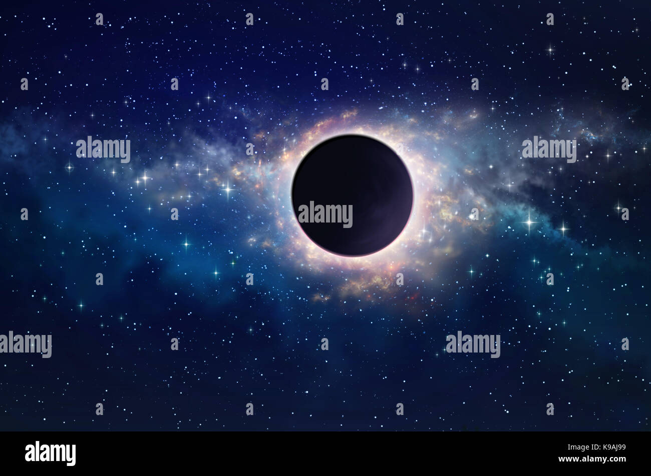 Buco nero e le onde gravitazionali nello spazio profondo, al centro di una galassia di cluster Foto Stock