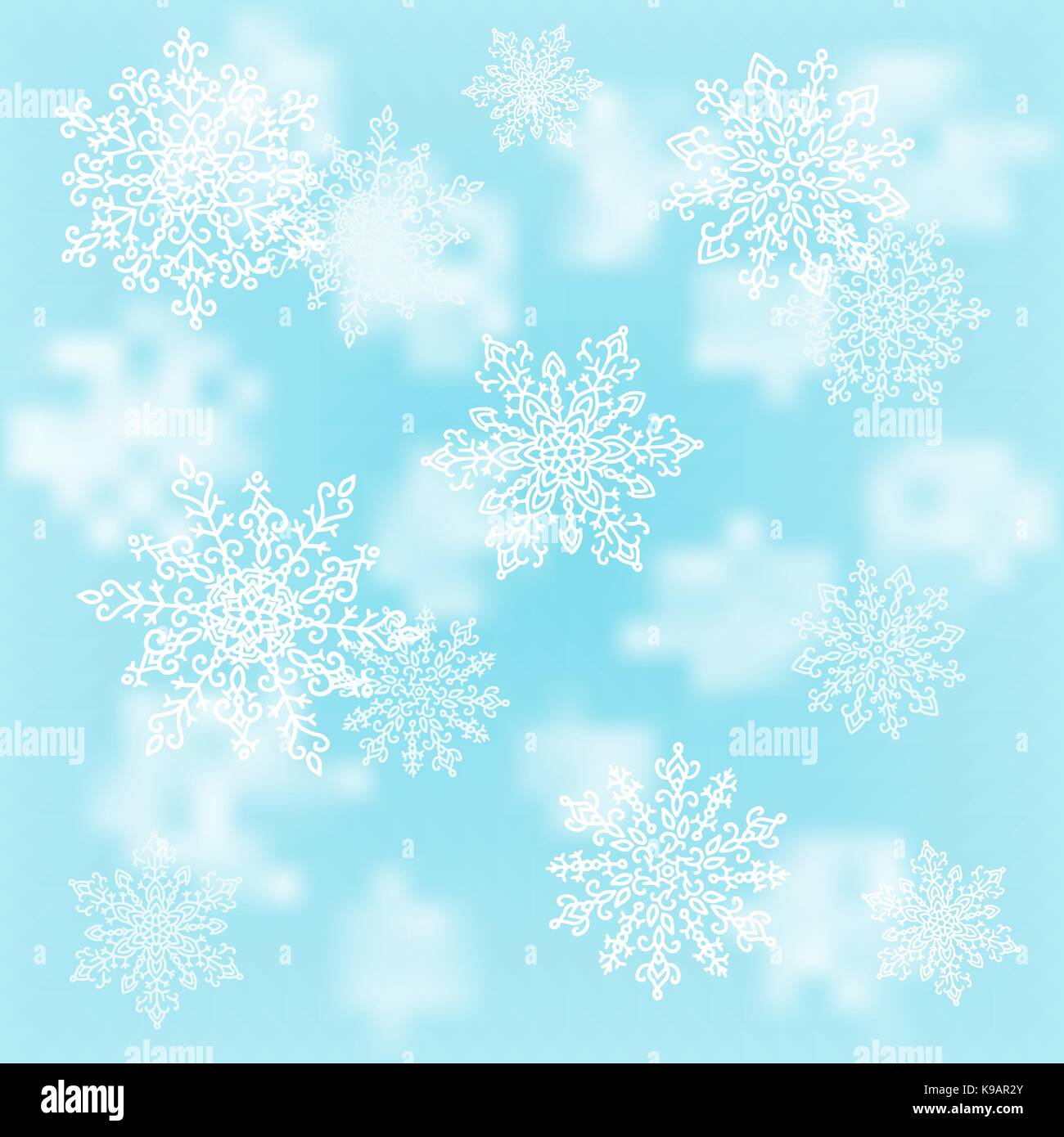 Natale fiocchi di neve bianca sulla sfocatura dello sfondo blu. vacanze inverno pattern. illustrazione vettoriale. Illustrazione Vettoriale