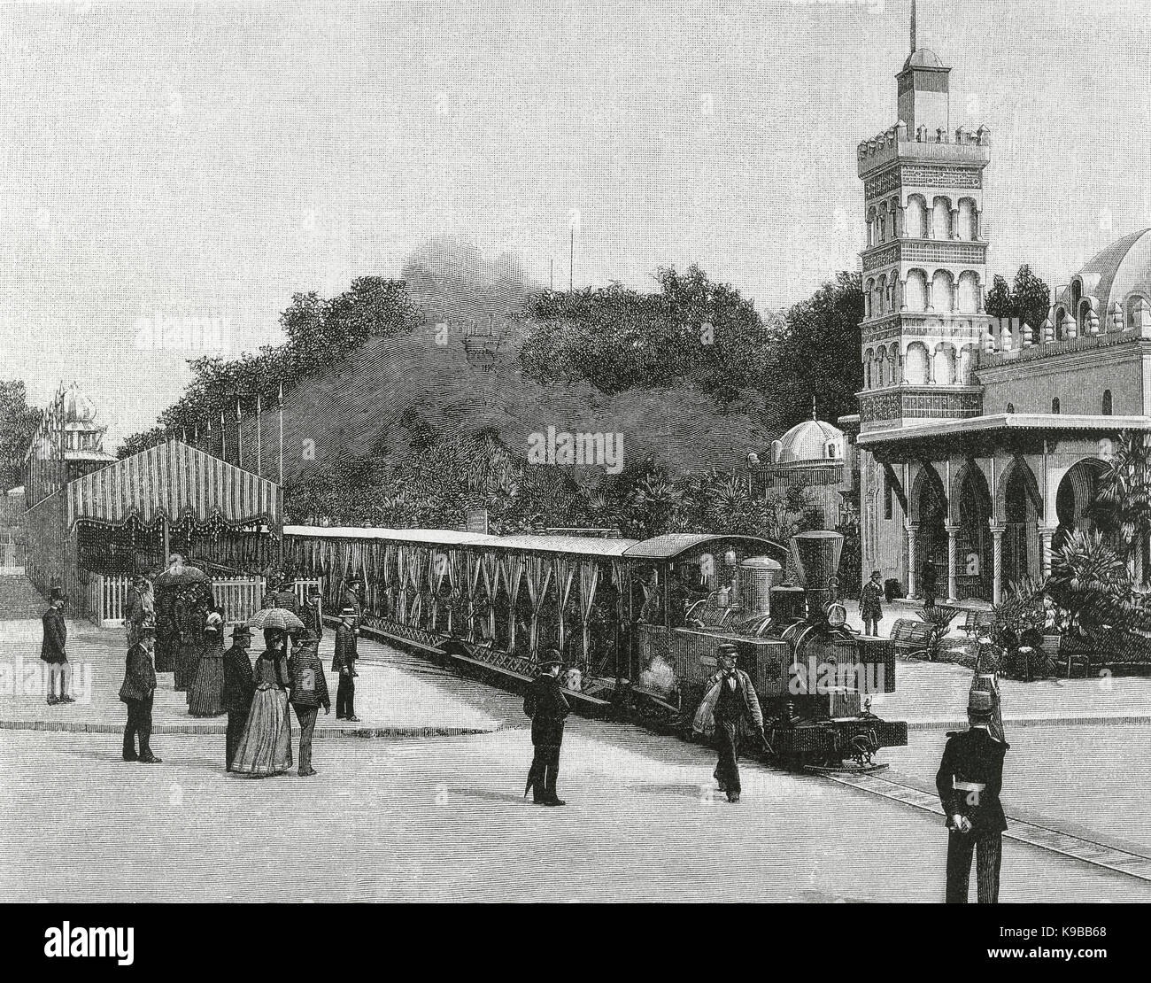 La Francia. Parigi. Esposizione Universale del 1889. Ferrovia Decauville treno alla stazione di partenza. Esplanade des Invalides. Incisione, 1889. Foto Stock