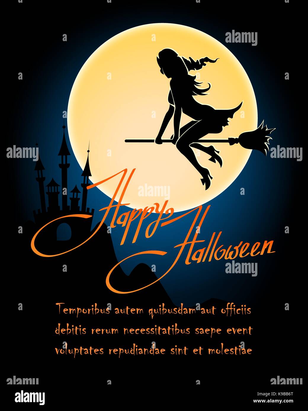 Happy halloween poster con battenti strega, dark castle e luna. illustrazione vettoriale. Illustrazione Vettoriale