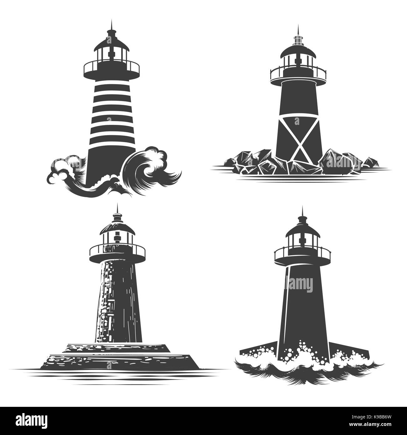 Faro logo design set. VARIE EMBLEMI lighthouse illustrazione vettoriale. Illustrazione Vettoriale
