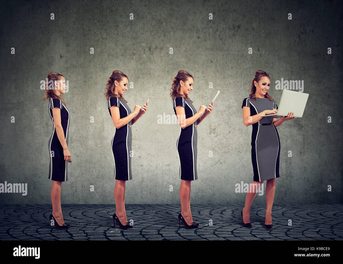 Moderni dispositivi digitali e progresso tecnologico concetto. attraente donna business utilizzando il telefono cellulare e tablet e computer laptop Foto Stock