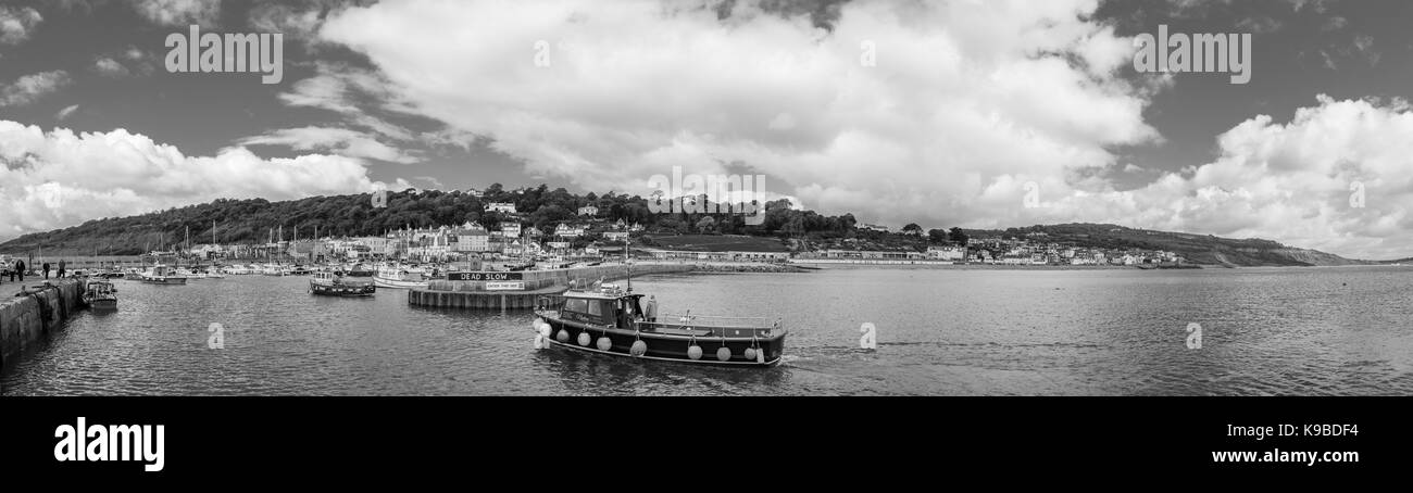 Vista panoramica dal Cobb, Lyme Bay e di Lyme Regis Harbour, una città costiera nel West Dorset, sul canale in inglese sulla costa del Dorset-confine Devon Foto Stock