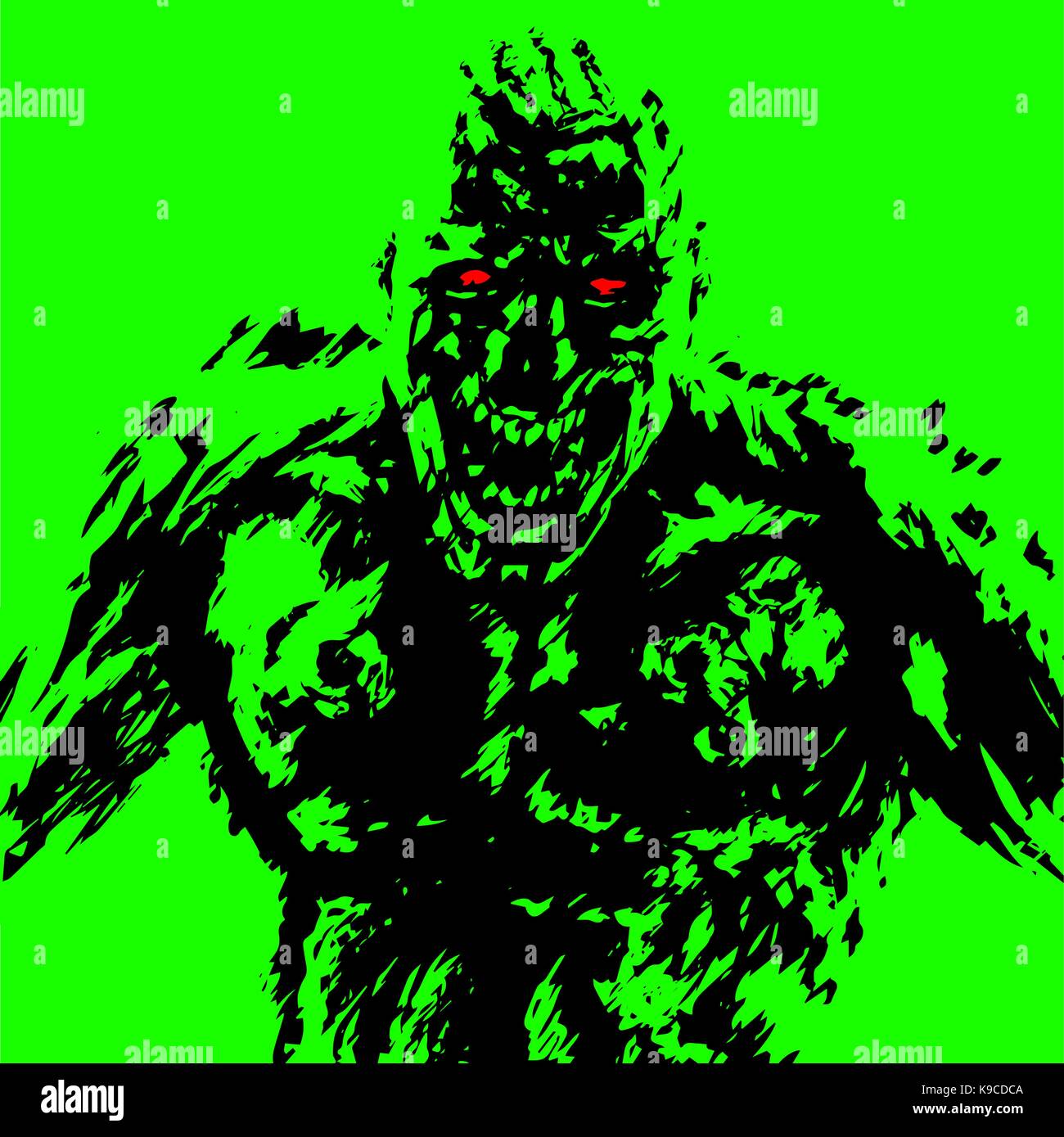 Rabbia zombie attack in bianco e nero e colore verde. orrore immagine. contorno a mano libera il disegno digitale. illustrazione vettoriale Illustrazione Vettoriale