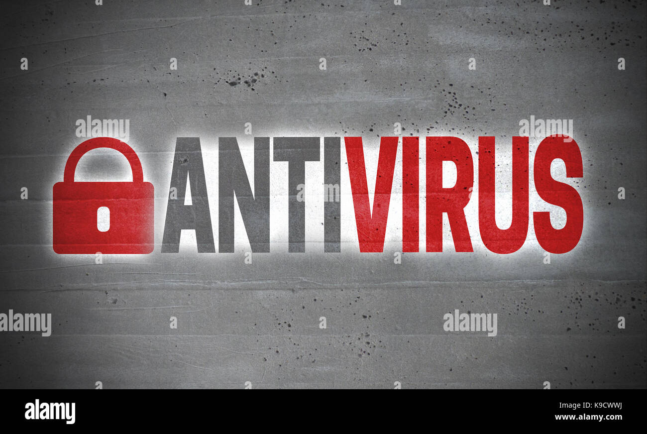 Antivirus su parete in cemento concetto dello sfondo. Foto Stock