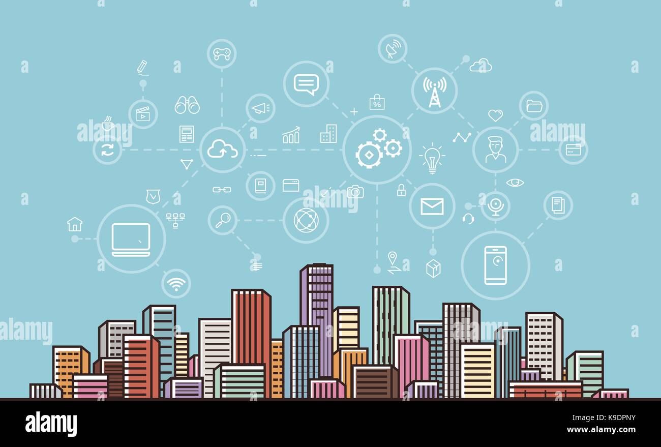 Comunicazione internet, rete, la tecnologia digitale concetto. città moderna sfondo. illustrazione vettoriale Illustrazione Vettoriale