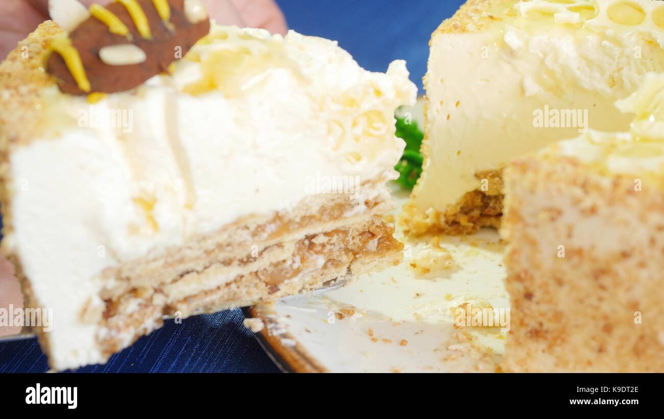 Mani femminili prende il pezzo di torta sulla lama. donna holding pezzo di torta sulla lama. pezzo di torta con crema di miele sulla lama. close up Foto Stock