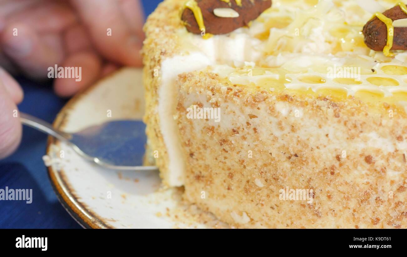 Mani femminili prende il pezzo di torta sulla lama. donna holding pezzo di torta sulla lama. pezzo di torta con crema di miele sulla lama. close up Foto Stock