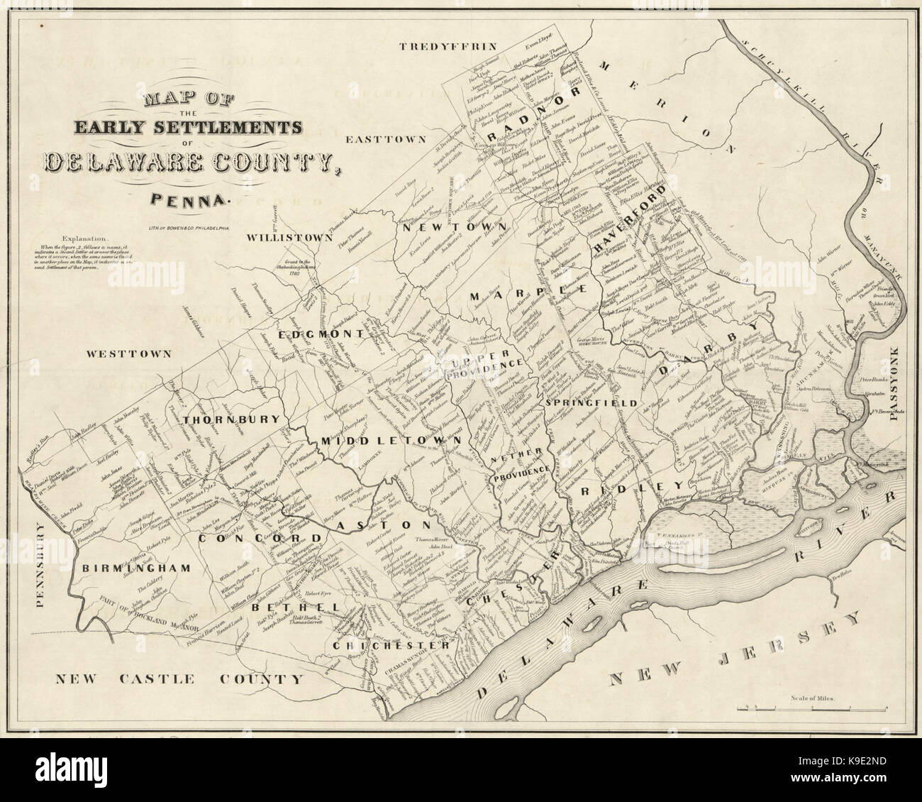 Mappa dei primi insediamenti di Delaware County, penna Foto Stock