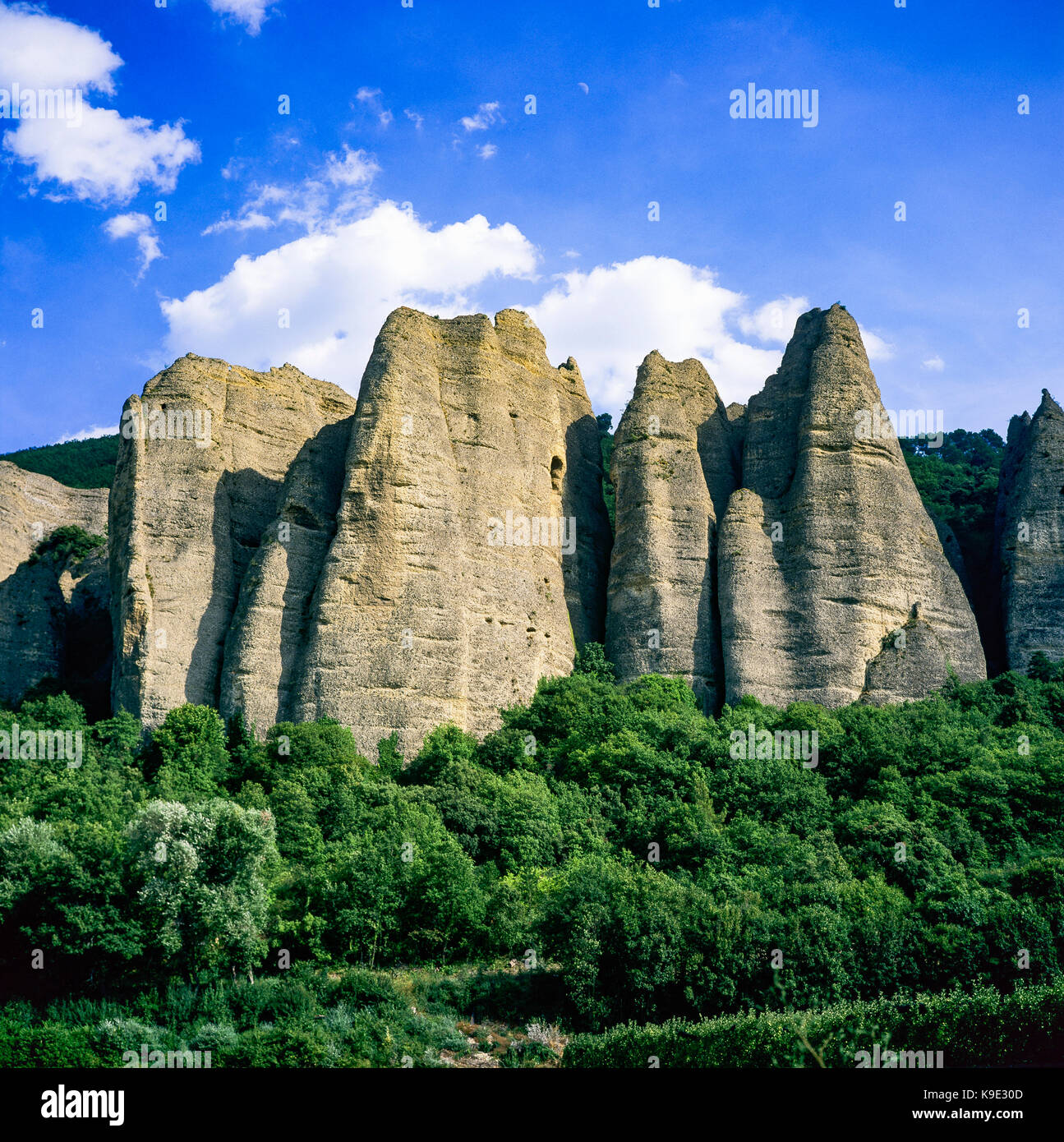 Les Pénitents des Mées formazione di roccia, scogliere, Les Mées, valle della Durance, Alpes-de-Haute-Provence, Francia, Europa Foto Stock