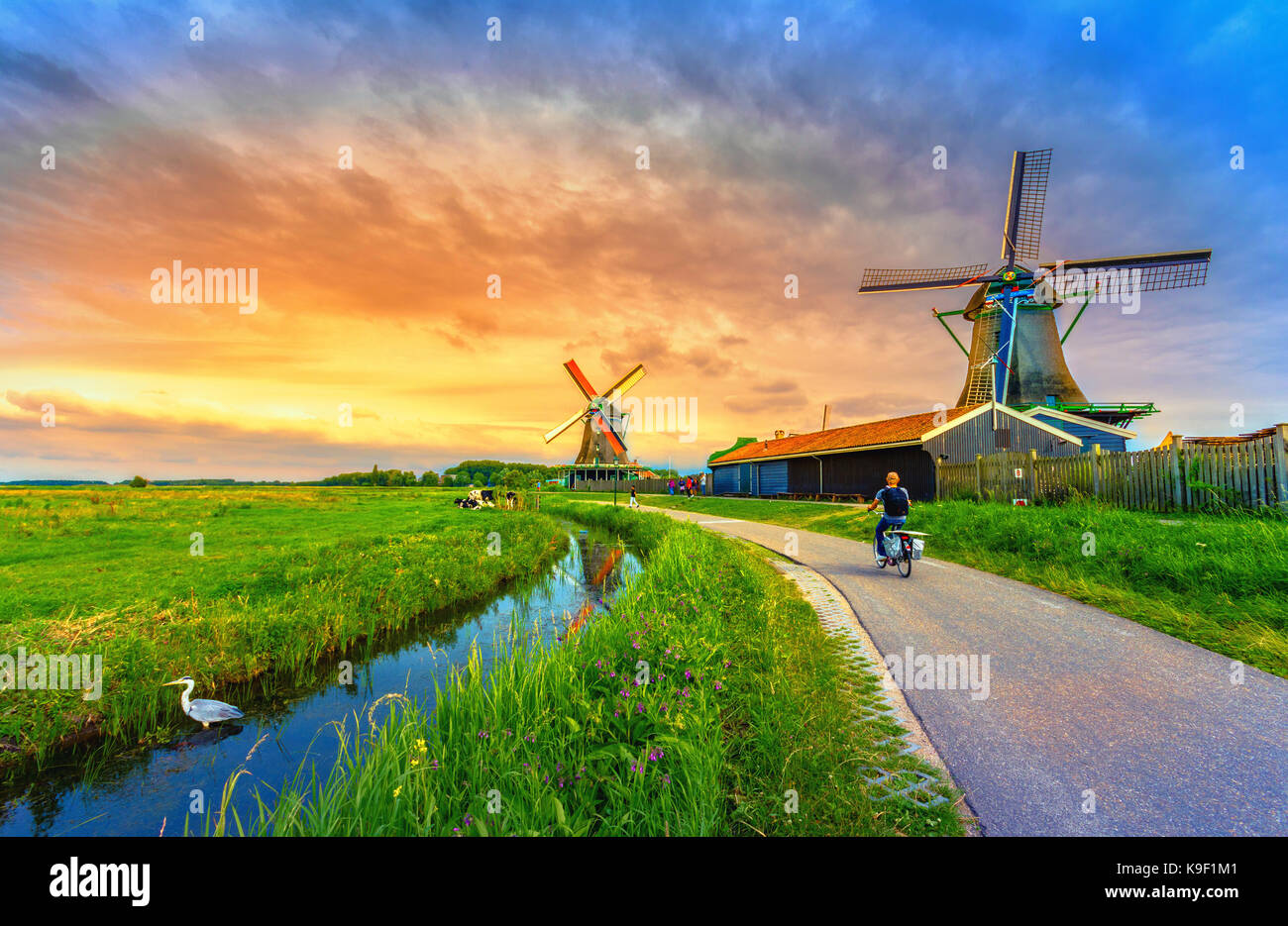 Villaggio tradizionale con mulini a vento olandese e il fiume al tramonto, Holland, Paesi Bassi. Foto Stock