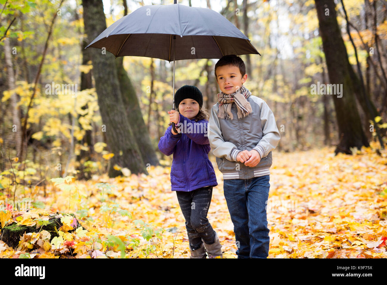 Due bambini che giocano in autunno magnifico parco sulla soleggiata freddo giorno di caduta. Foto Stock