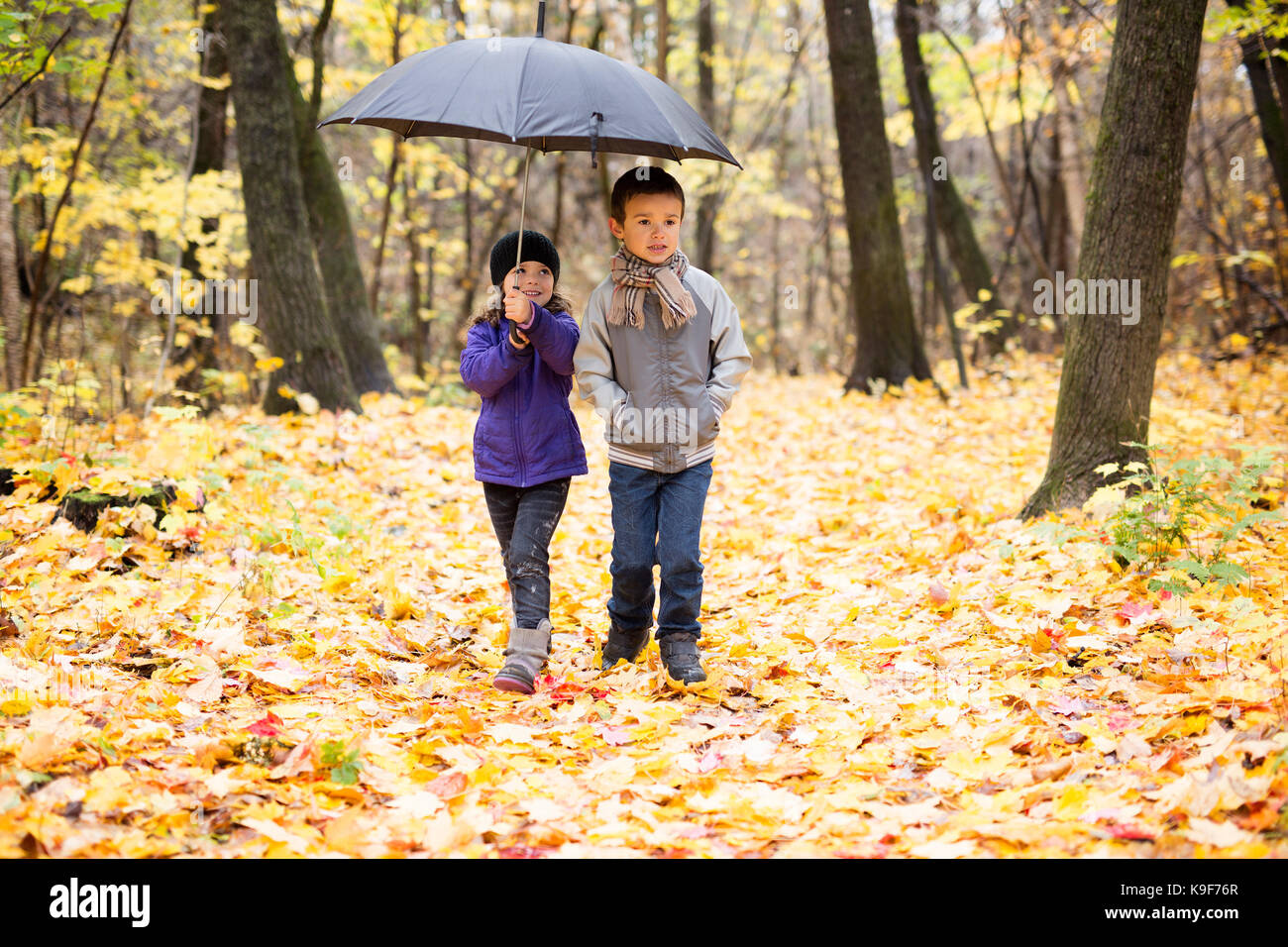 Due bambini felici giocando nel bellissimo parco di autunno Foto Stock