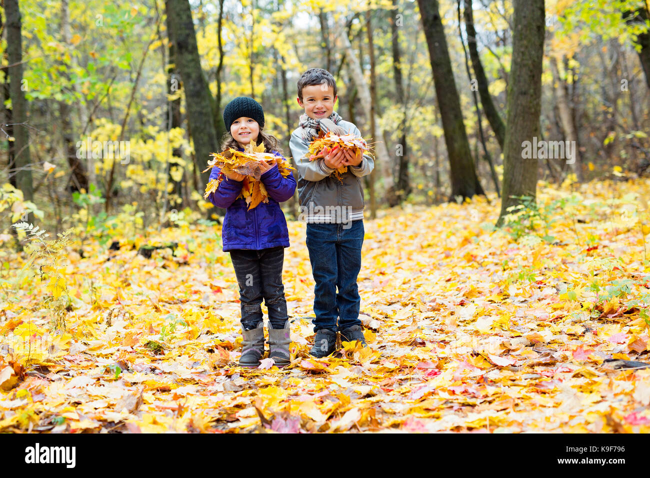 Due bambini felici giocando nel bellissimo parco di autunno Foto Stock