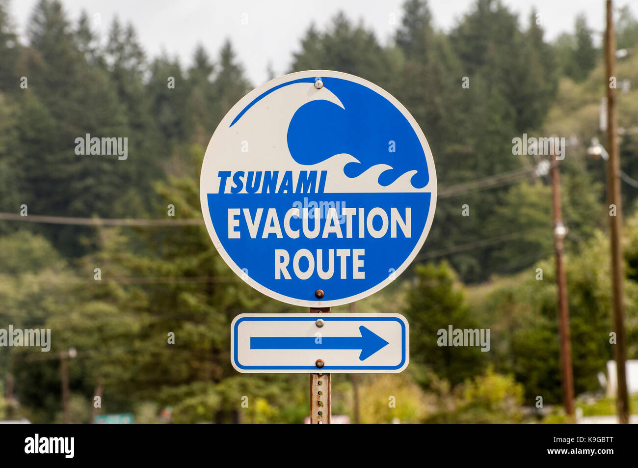 Raymond, Washington. tsunami i percorsi di evacuazione segnale di avvertimento. Foto Stock