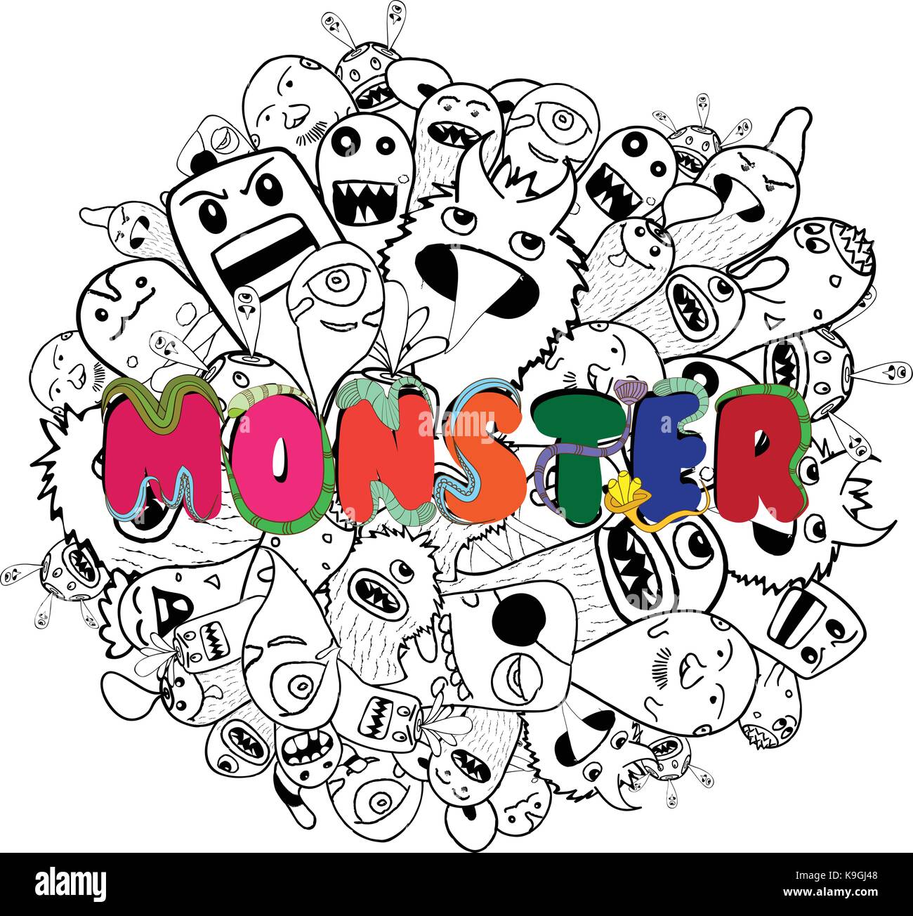 Monster cartoon disegnati a mano doodle Illustrazione Vettoriale