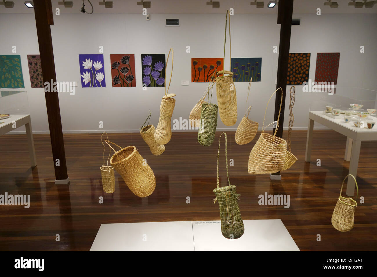 Dilly sacchetti in un certo numero di stili tradizionali da popolazioni indigene della regione Wet Tropics di North Queensland, mostra a Cairns Galleria d'arte, un Foto Stock