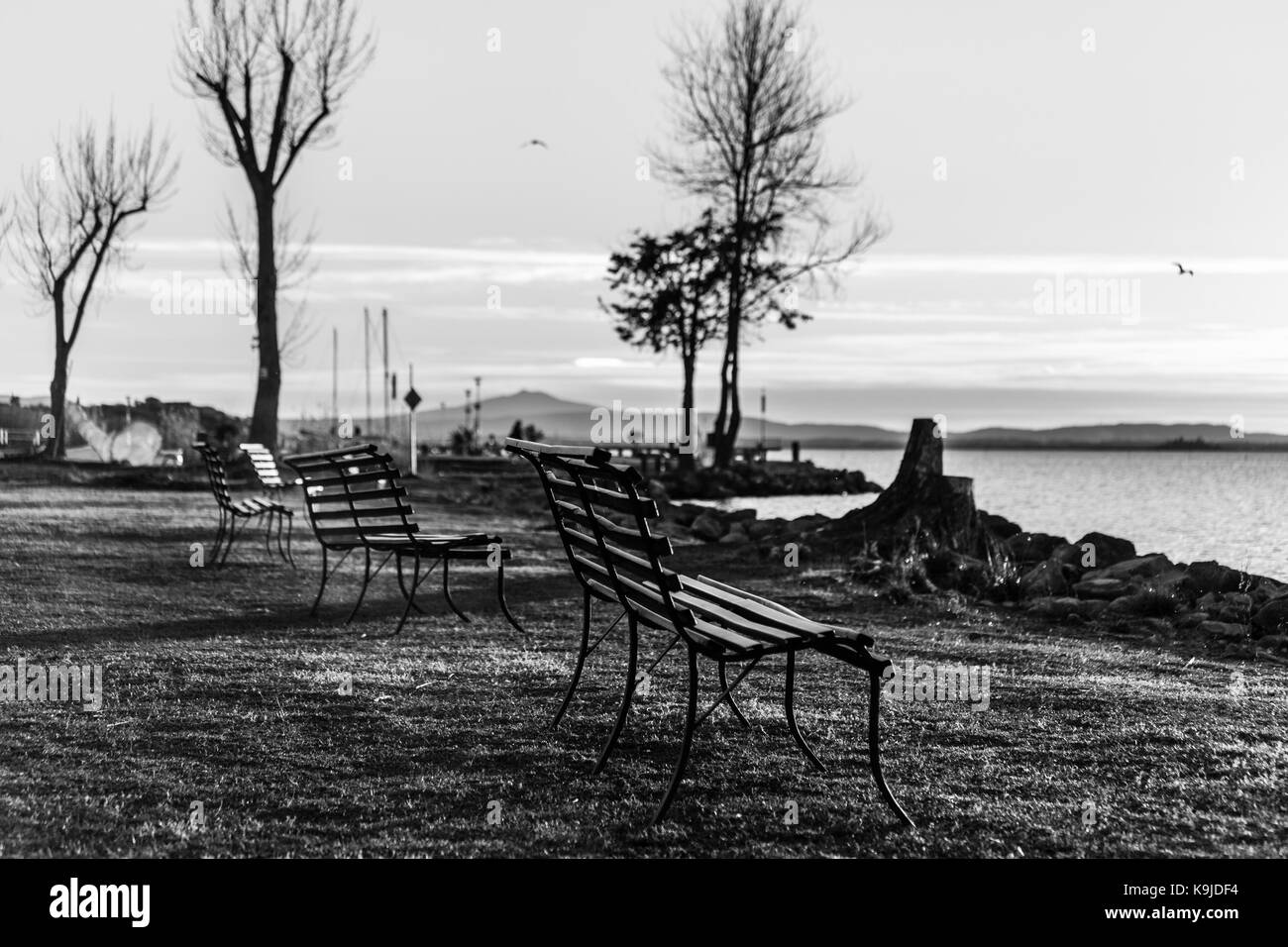 Banchi di seduta su una riva del lago Foto Stock