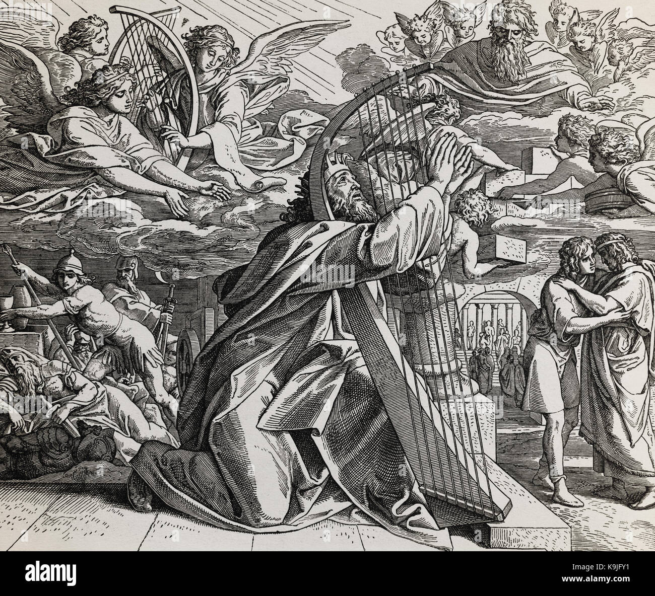 I salmi del re Davide, collage grafico da incisione di scuola nazareene, pubblicato nella Sacra Bibbia, st.vojtech publishing, Trnava, Slovacchia, 19 Foto Stock
