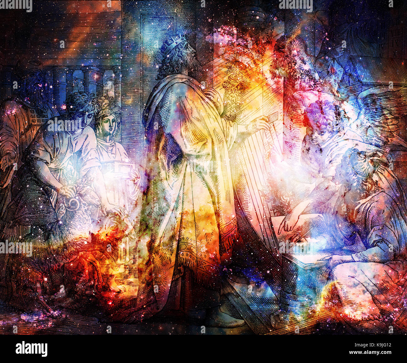 I salmi del re Davide, collage grafico da incisione di scuola nazareene, pubblicato nella Sacra Bibbia, st.vojtech publishing, Trnava, Slovacchia, 19 Foto Stock