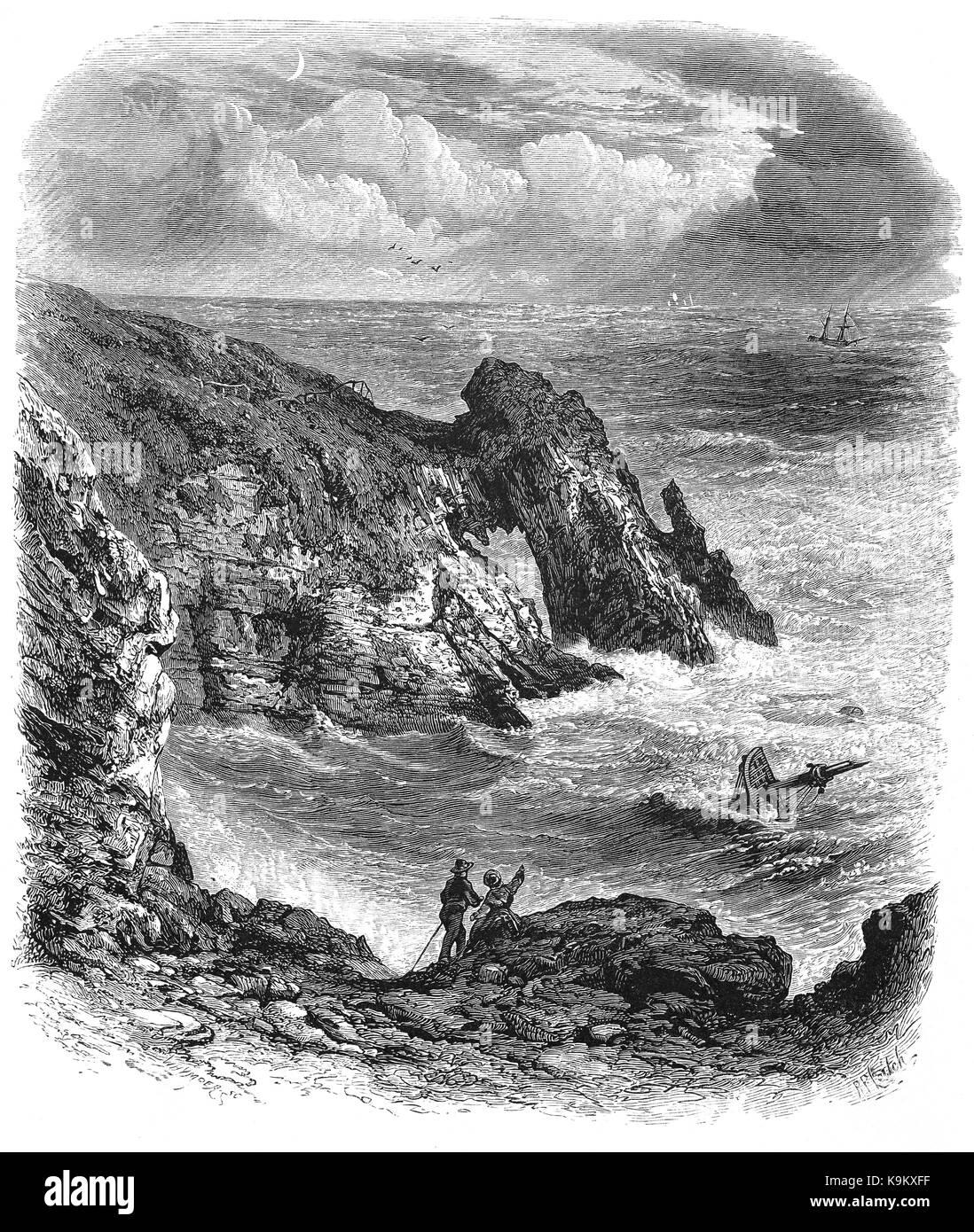 1870: una coppia di visitatori si affaccia il relitto della nave galleggiante nel mare in tempesta vicino al London Bridge, un naturale di mare-arch sulla costa del Devon vicino a Torquay, Inghilterra Foto Stock