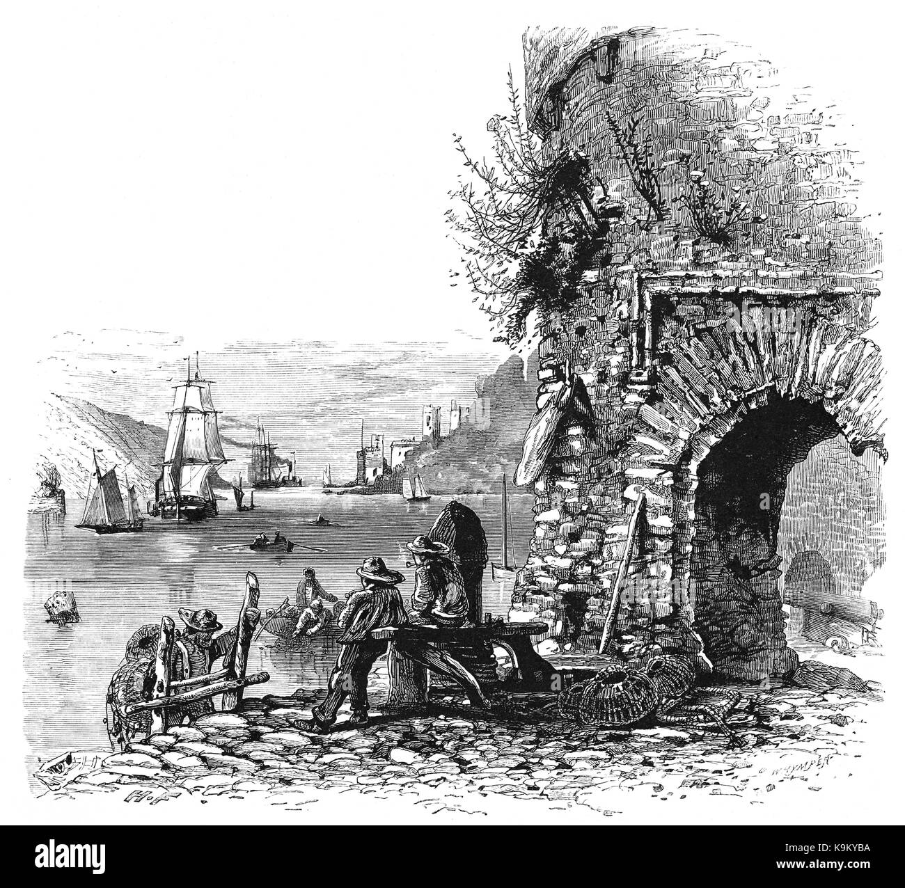 1870: Fisherman alla porta di Bayard's Cove Fort, conosciuto anche storicamente come Berescove o Bearscore Castle; è una casa inglese cinquecentesca di artiglieria, costruita per difendere l'ingresso del porto a Dartmouth in Devon, Inghilterra Foto Stock