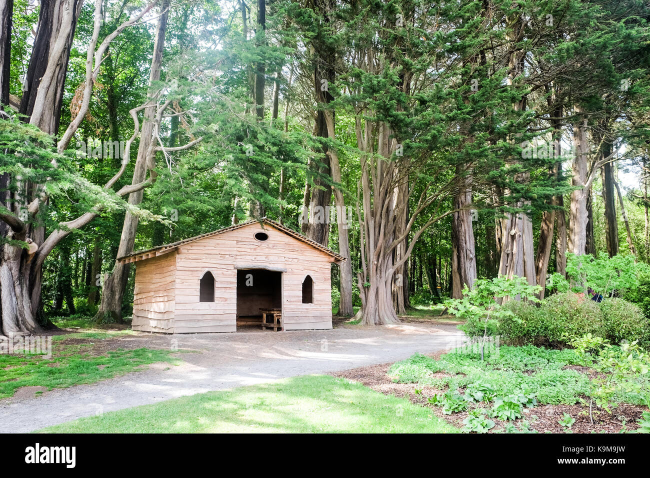 Capanna in legno in foresta Foto Stock