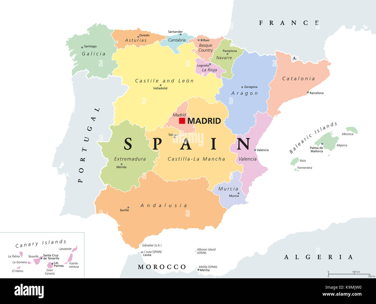 Comunità autonome della Spagna mappa politico. divisioni amministrative del Regno di Spagna con i loro capitelli. comuni e province. Foto Stock