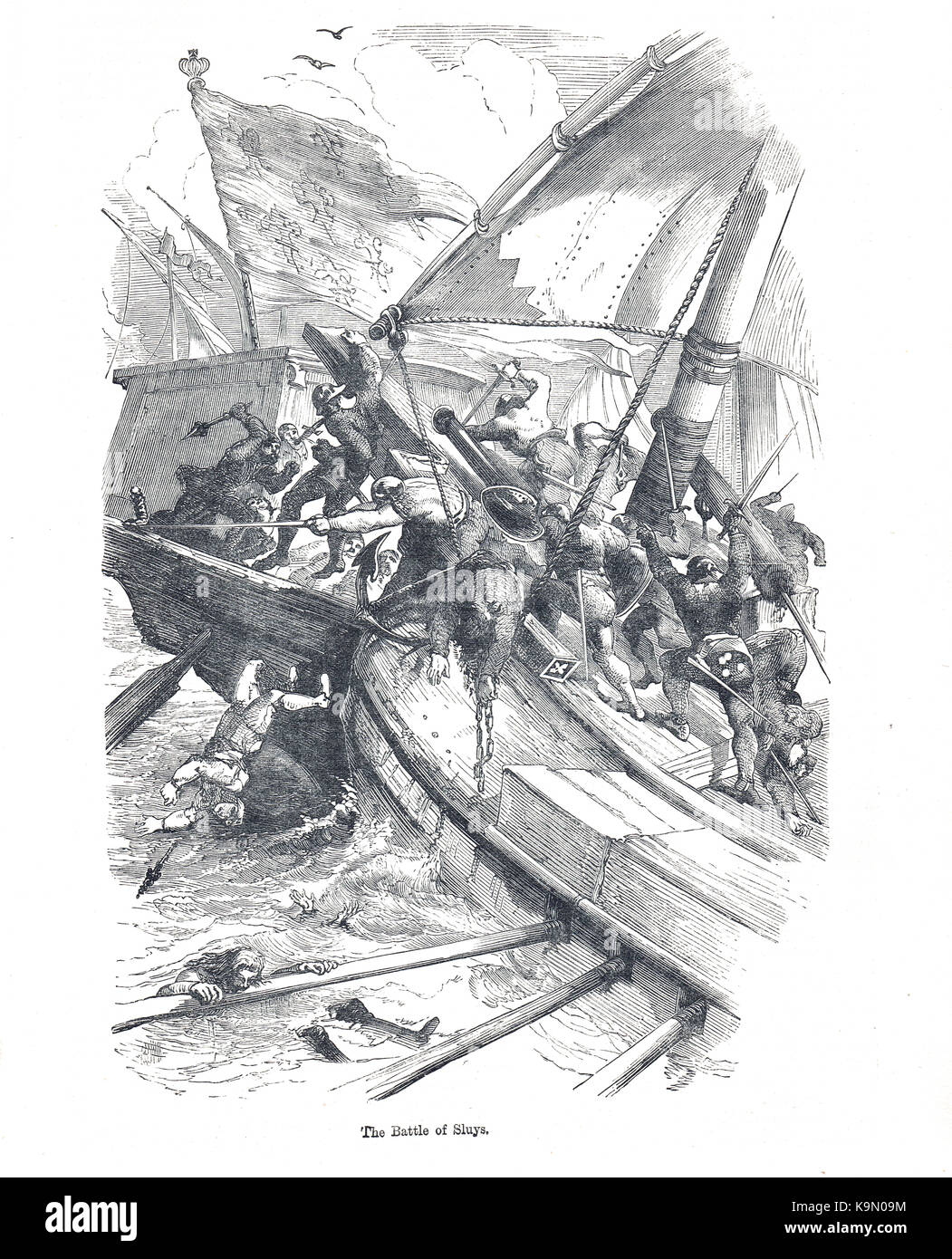 La battaglia di sluys, 24 giugno 1340. mare battaglia combattuta tra Inghilterra e Francia, uno dei conflitti di apertura dei cento anni di guerra Foto Stock