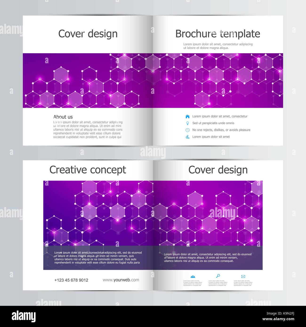 Square modello brochure con struttura di particelle molecolari e ATOM. Abstract poligonale dello sfondo. Medicina, la scienza e la tecnologia del concetto. Illustrazione Vettoriale. Illustrazione Vettoriale