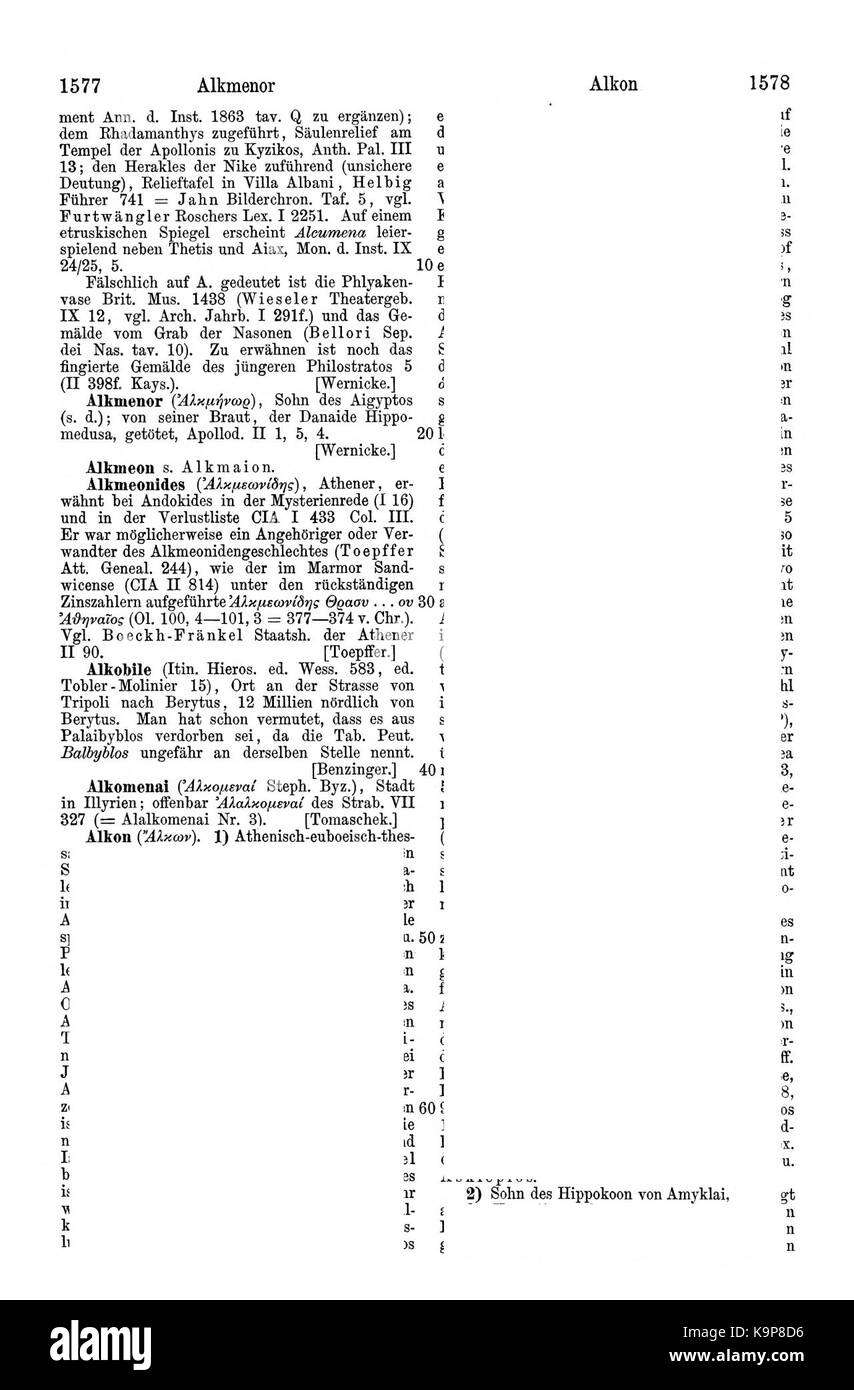 Un riferimento accademico a Pauly-Wissowa, un'enciclopedia completa sulla storia antica, che fornisce approfondimenti sul mondo classico. Questa voce (volume i, parte 2) del 1577 si concentra sulle antichità classiche e il loro significato culturale. Foto Stock