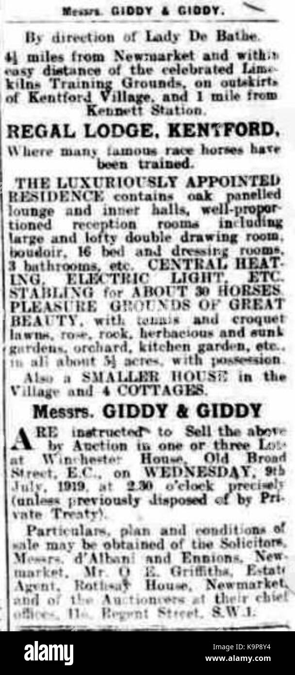 Regal Lodge vendita 1919 Bury Free Press 31maggio1919 Foto Stock