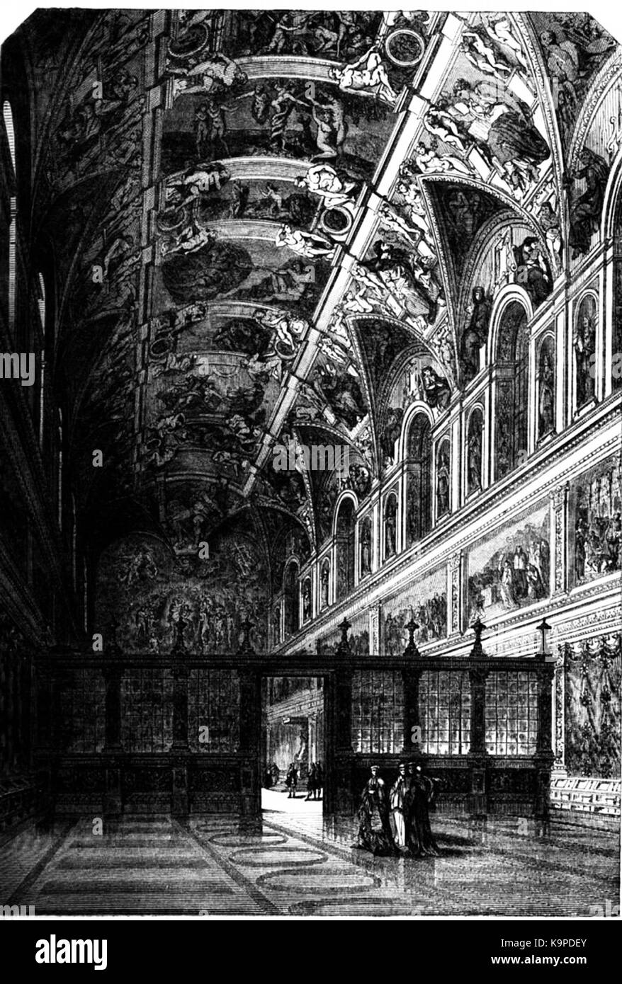 Questa immagine raffigura la Cappella Sistina nella città del Vaticano, rinomata per la sua arte rinascimentale, in particolare gli affreschi sul soffitto di Michelangelo. La cappella è un importante sito religioso e culturale, che ospita importanti cerimonie come le elezioni papali. Foto Stock