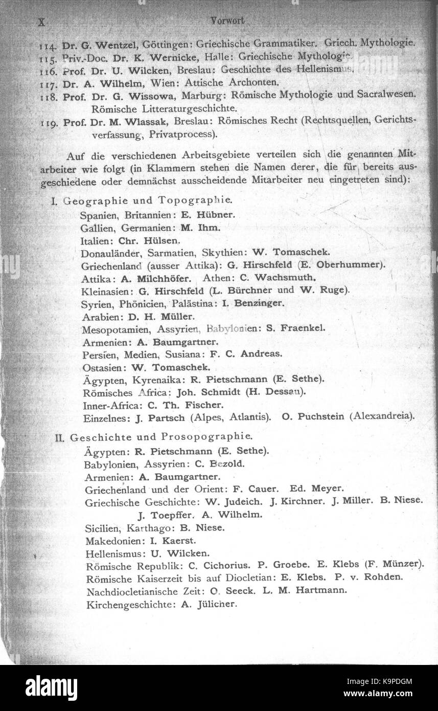 Si tratta di un riferimento al volume uno, parte uno, di *Pauly Wissowa*, un'importante opera di riferimento storico e archeologico. Copre vari aspetti della storia antica, fornendo analisi critiche e informazioni sulle antichità classiche. Foto Stock