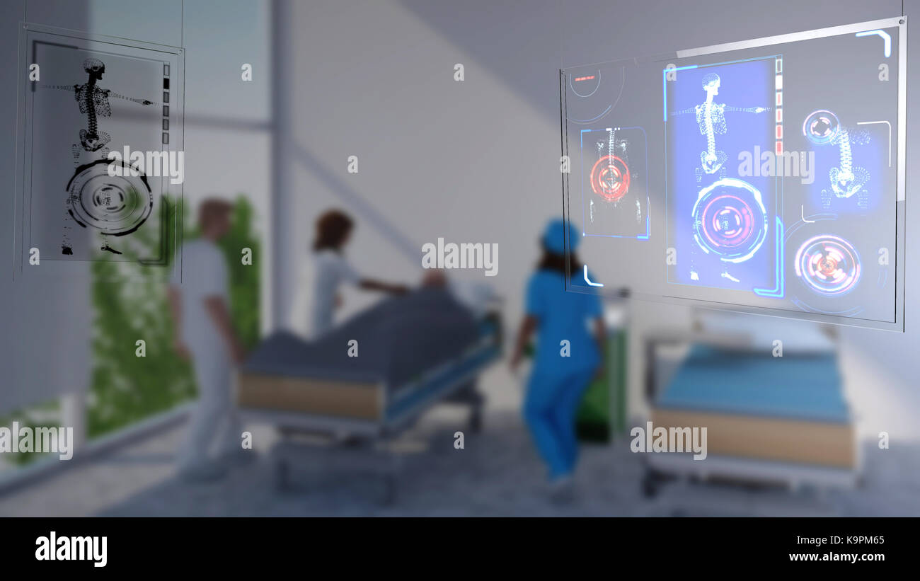 Attrezzature mediche, ospedale, visita medica, scansione anatomica, la medicina del futuro, 3d scheletro. ufficio medico. schermo interattivo. specialista. Foto Stock