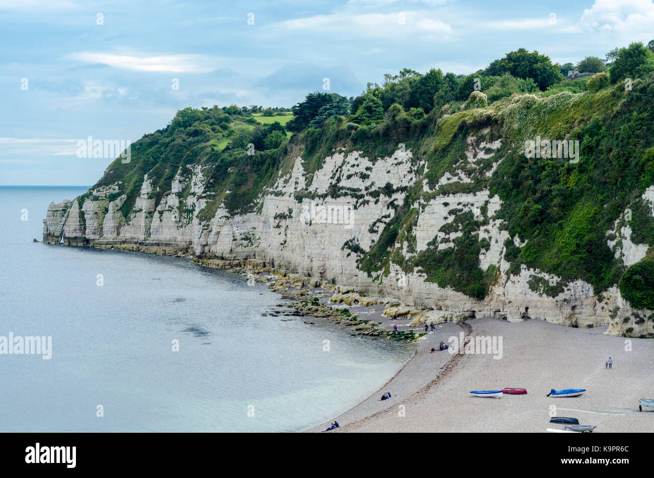 Jurassic Coast chalk scogliere e spiaggia, birra inglese mare città costiera, East Devon Coast, England, Regno Unito Foto Stock