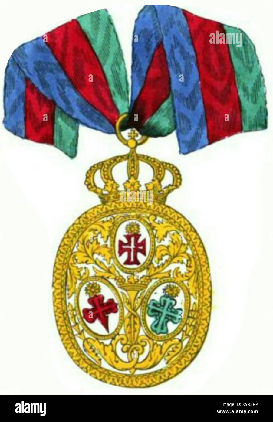 Questa immagine presenta il badge PRT dei tre ordini, un'insegna storica del 1858, che rappresenta un ordine o un risultato significativo nel suo tempo. Il distintivo fa parte di una collezione che mostra ordini e onori notevoli. Foto Stock