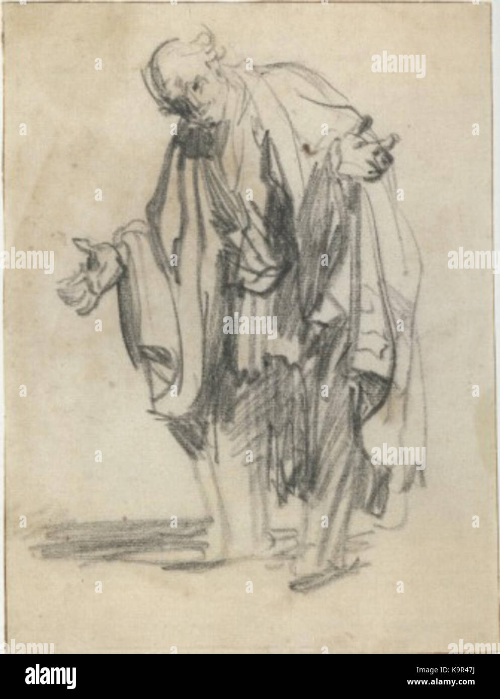 Questo dipinto di Rembrandt raffigura un uomo anziano con braccia estese, che mostra la maestria dell'artista nel catturare emozioni e carattere attraverso la ritrattistica. Foto Stock