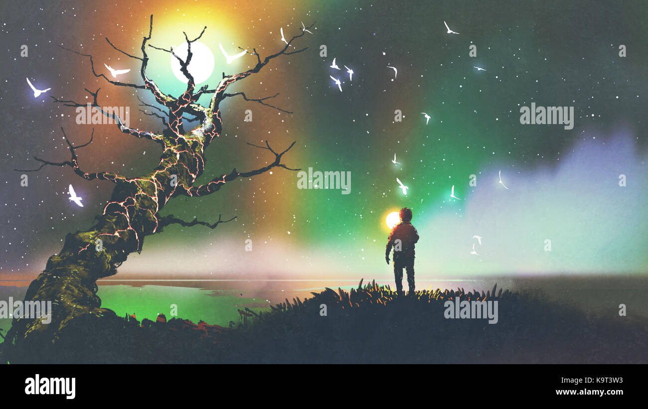 Paesaggio notturno del ragazzo con la sfera di luce guardando fantasy tree, arte digitale stile, illustrazione pittura Foto Stock