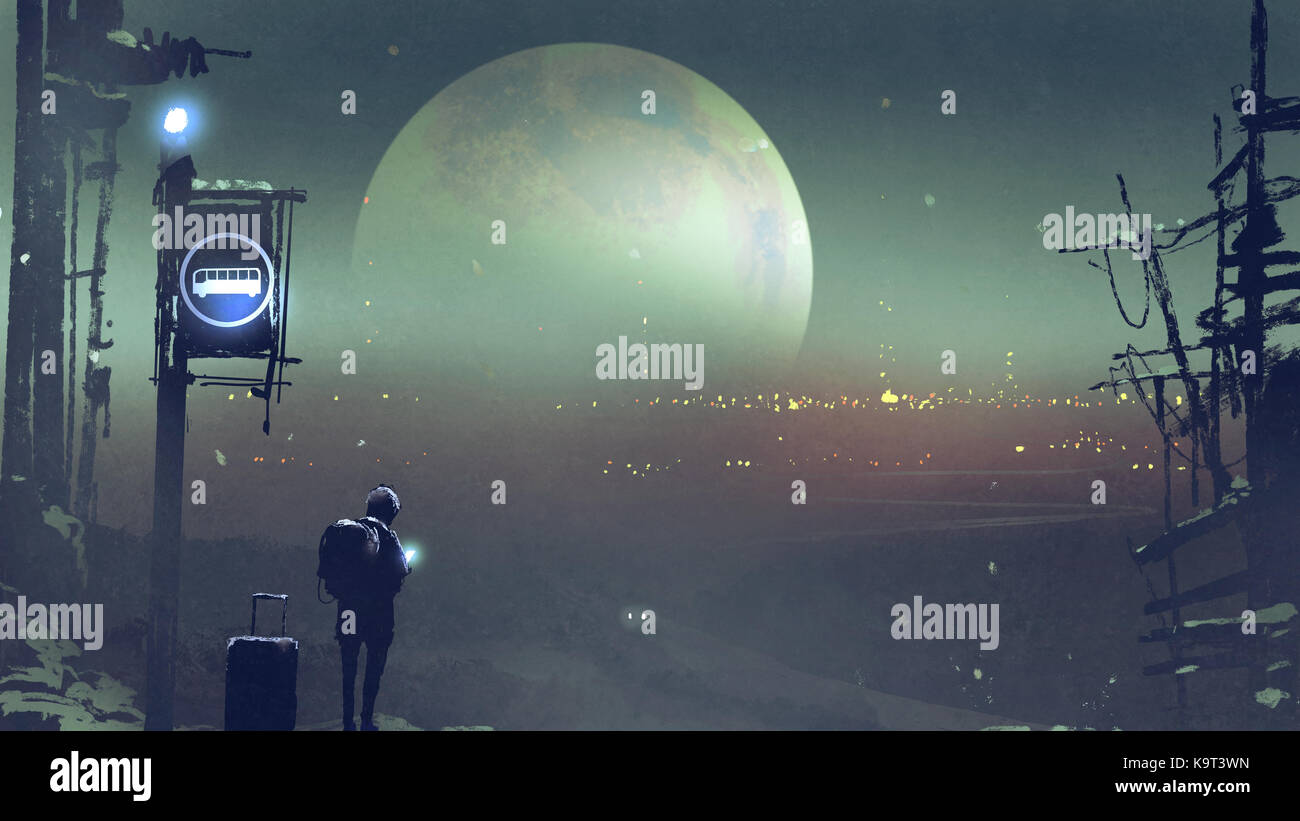 Paesaggio notturno del ragazzo alla fermata in attesa, arte digitale stile, illustrazione pittura Foto Stock