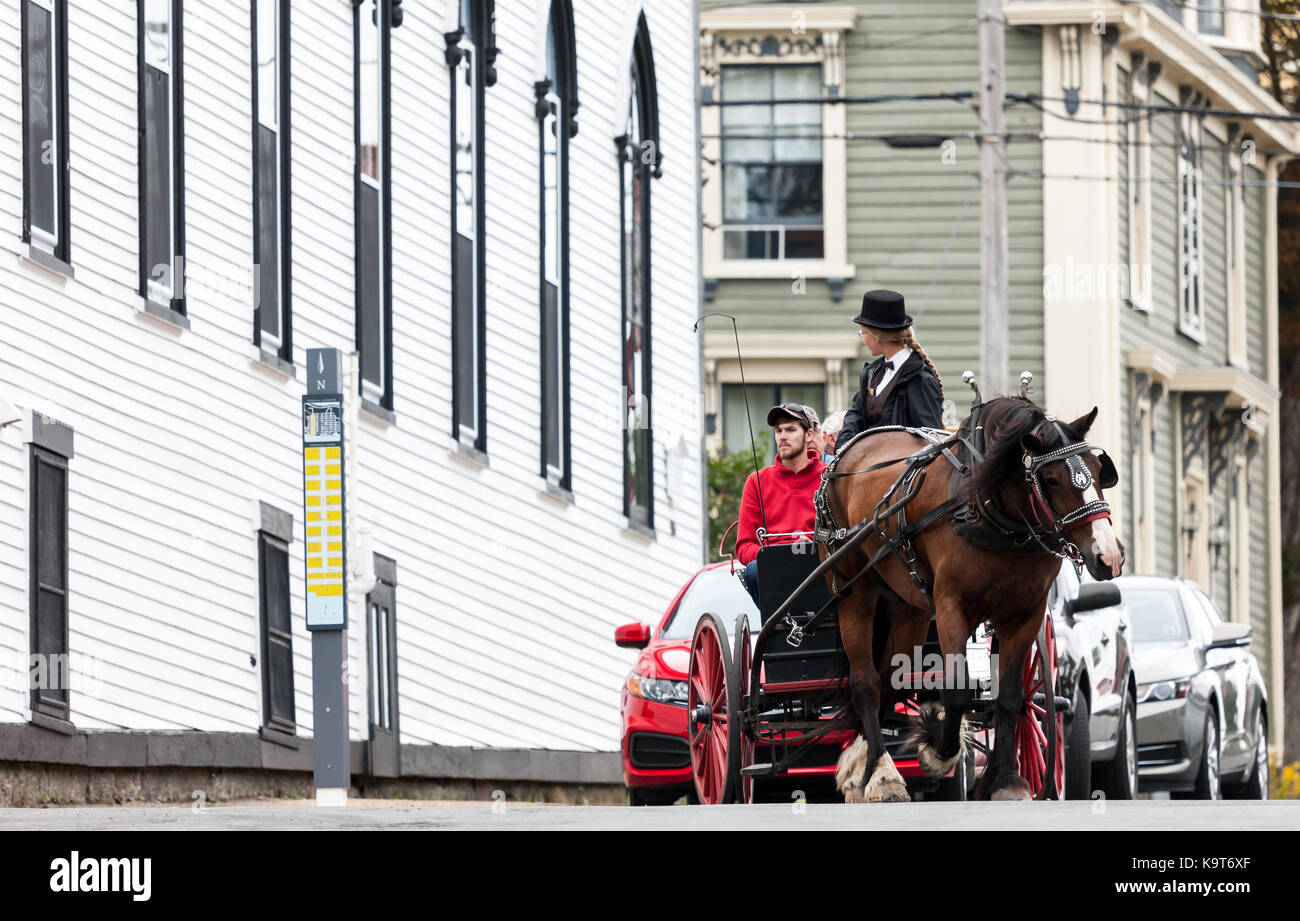 Un carro trainato da cavalli con i turisti fa il suo modo attraverso le strade di lunenburg. fondata nel 1753 lunenburg, Nova Scotia, Canada. Foto Stock